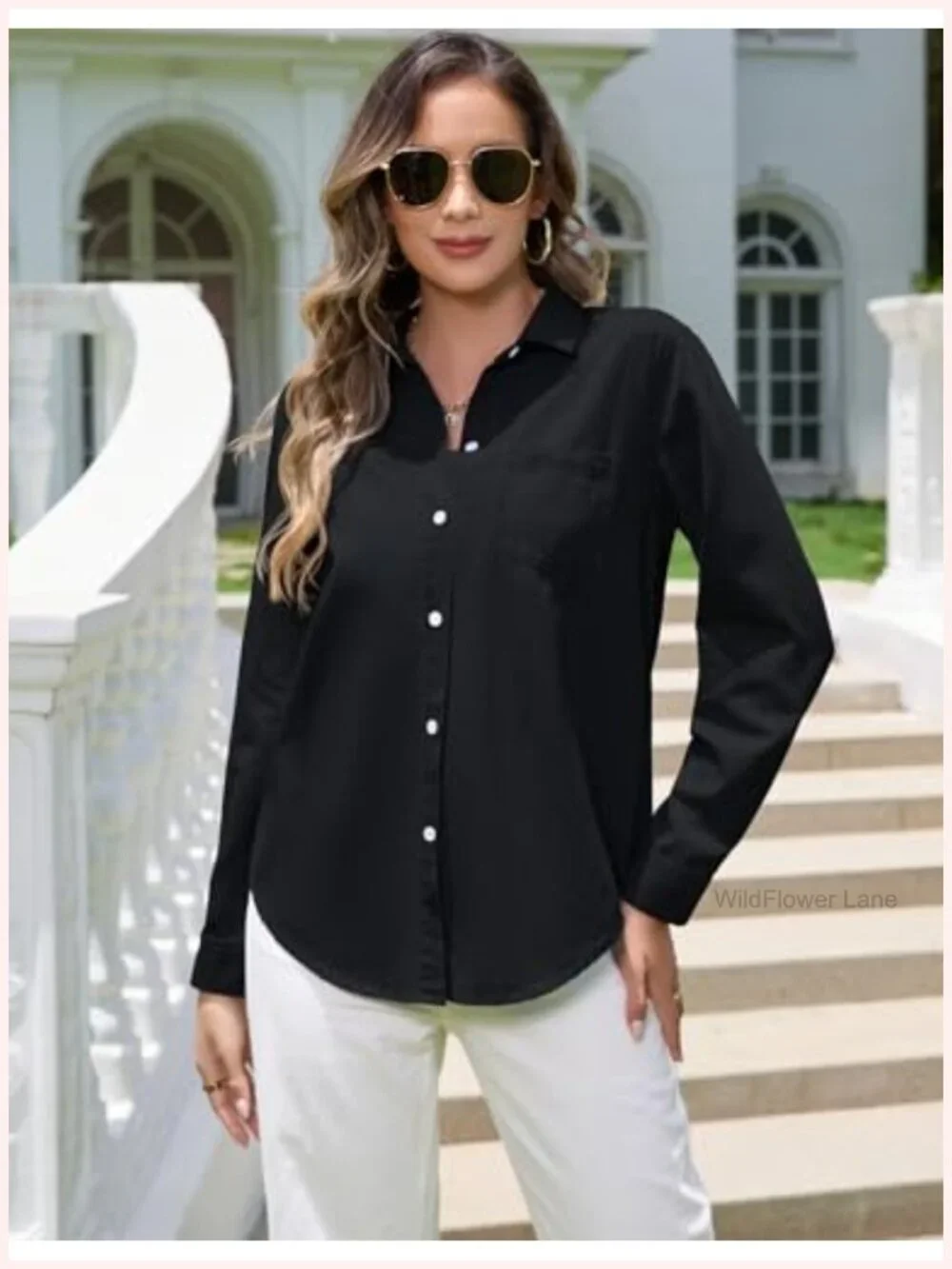 Women's Denim Shirt Long Sleeve Button Down Chambray Blouse Cotton Blend